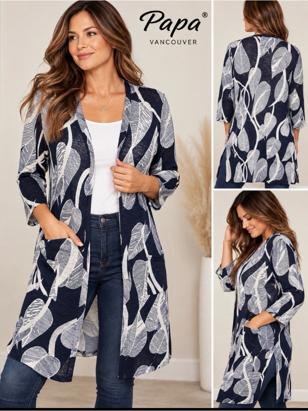 NWT Papa Vancouver Navy White Botanical Long Cardigan Size M